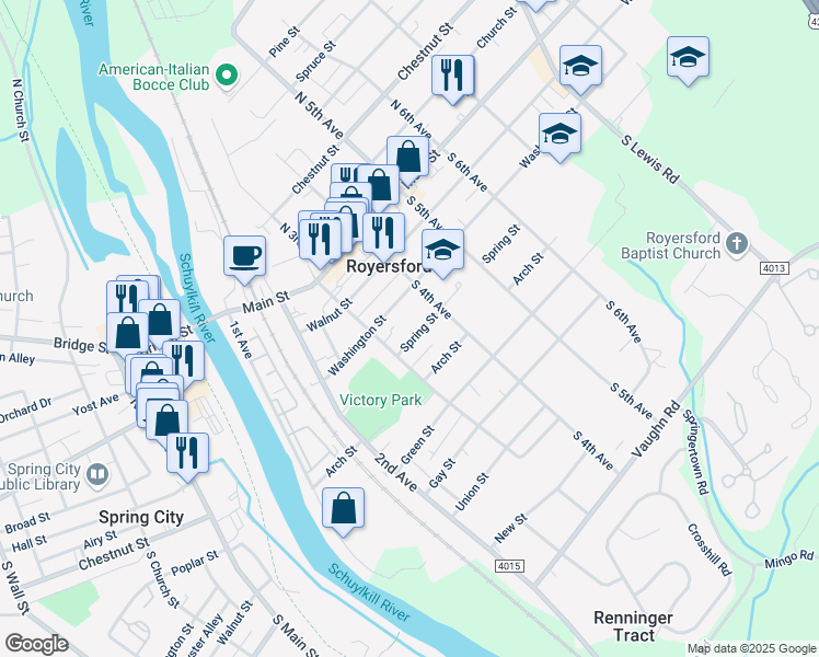 map of restaurants, bars, coffee shops, grocery stores, and more near 318 Spring Street in Royersford