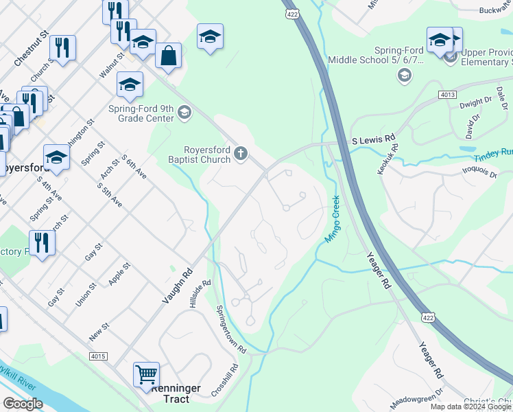 map of restaurants, bars, coffee shops, grocery stores, and more near 16 Providence Forge Road in Royersford