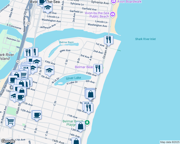 map of restaurants, bars, coffee shops, grocery stores, and more near 96 5th Avenue in Belmar