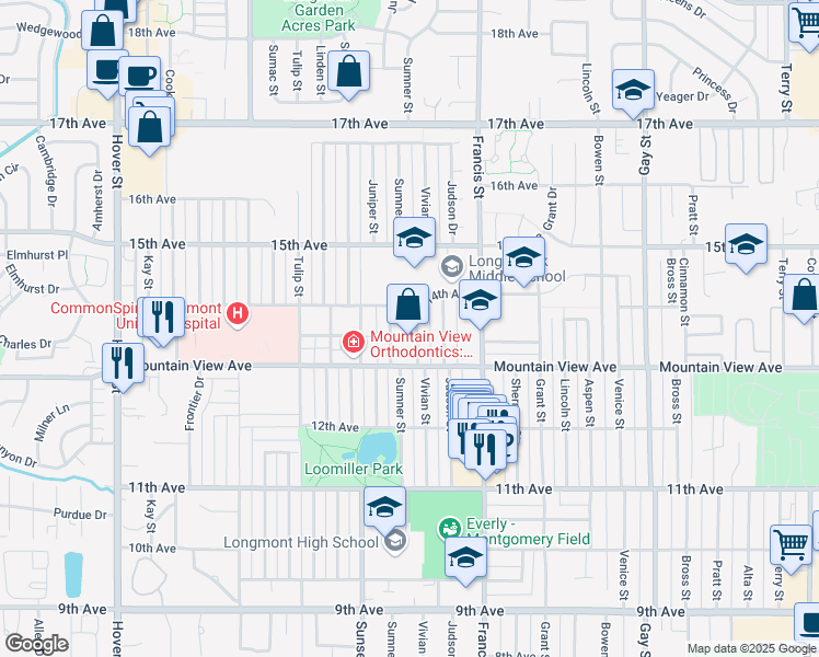 map of restaurants, bars, coffee shops, grocery stores, and more near 1335 Vivian Street in Longmont