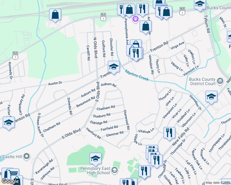 map of restaurants, bars, coffee shops, grocery stores, and more near 202 Brentwood Road in Fairless Hills