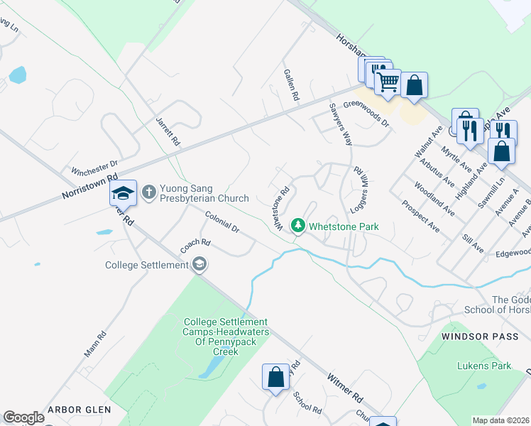 map of restaurants, bars, coffee shops, grocery stores, and more near 107 Sarahs Lane in Horsham