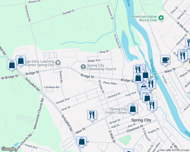 map of restaurants, bars, coffee shops, grocery stores, and more near 423 Bridge Street in Spring City