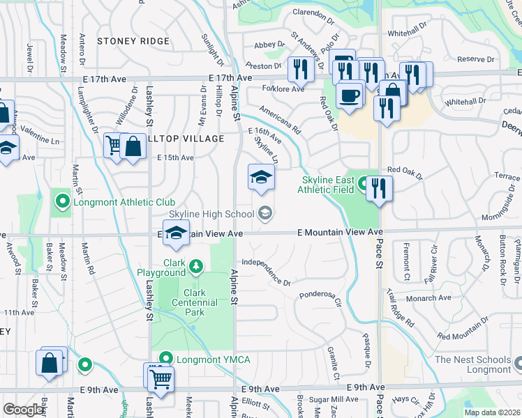 map of restaurants, bars, coffee shops, grocery stores, and more near 600 East Mountain View Avenue in Longmont