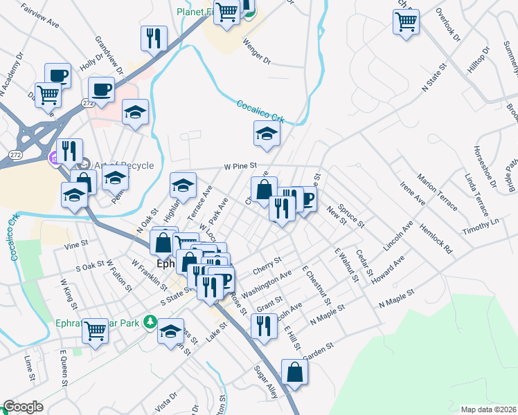 map of restaurants, bars, coffee shops, grocery stores, and more near 207 Peach Alley in Ephrata