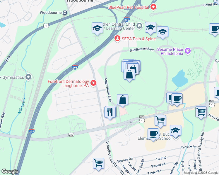 map of restaurants, bars, coffee shops, grocery stores, and more near 200 Middletown Boulevard in Langhorne