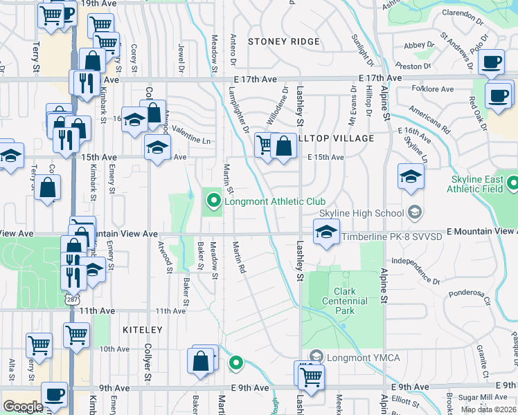 map of restaurants, bars, coffee shops, grocery stores, and more near 26 Anchorage Court in Longmont