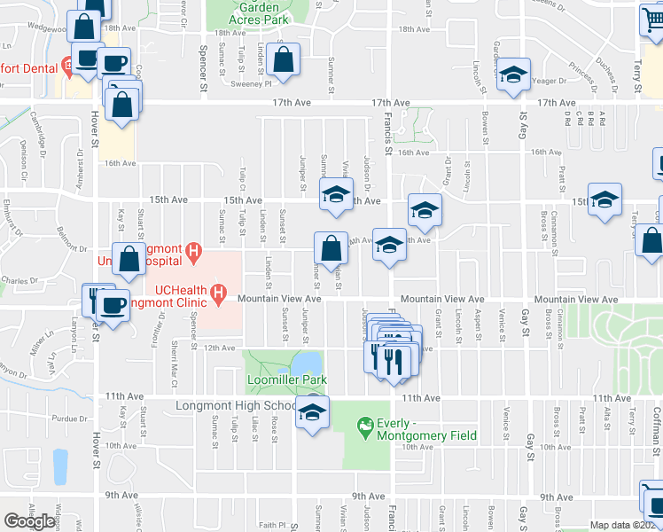 map of restaurants, bars, coffee shops, grocery stores, and more near 1320 Sumner Street in Longmont
