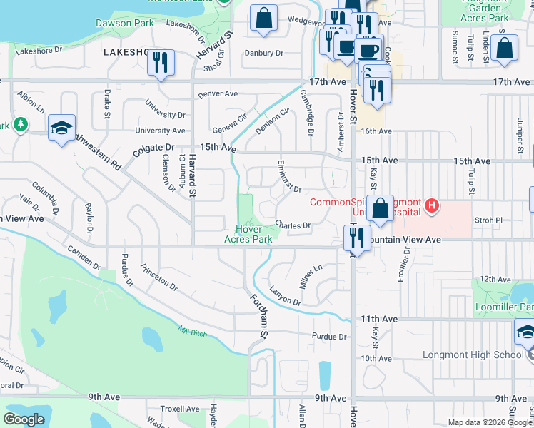 map of restaurants, bars, coffee shops, grocery stores, and more near 1361 Charles Drive in Longmont