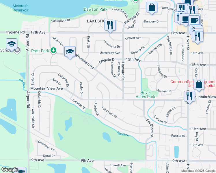 map of restaurants, bars, coffee shops, grocery stores, and more near 6 Princeton Circle in Longmont