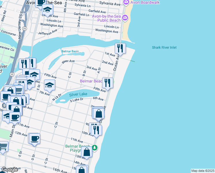 map of restaurants, bars, coffee shops, grocery stores, and more near 498 Ocean Avenue in Belmar