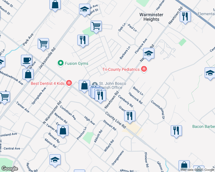 map of restaurants, bars, coffee shops, grocery stores, and more near 86 Woodlawn Road in Warminster