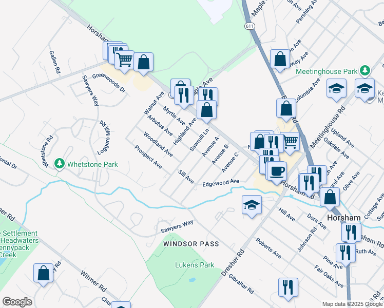 map of restaurants, bars, coffee shops, grocery stores, and more near 432 Avenue A in Horsham