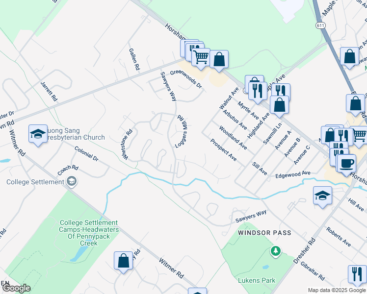 map of restaurants, bars, coffee shops, grocery stores, and more near 69 Loggers Mill Road in Horsham