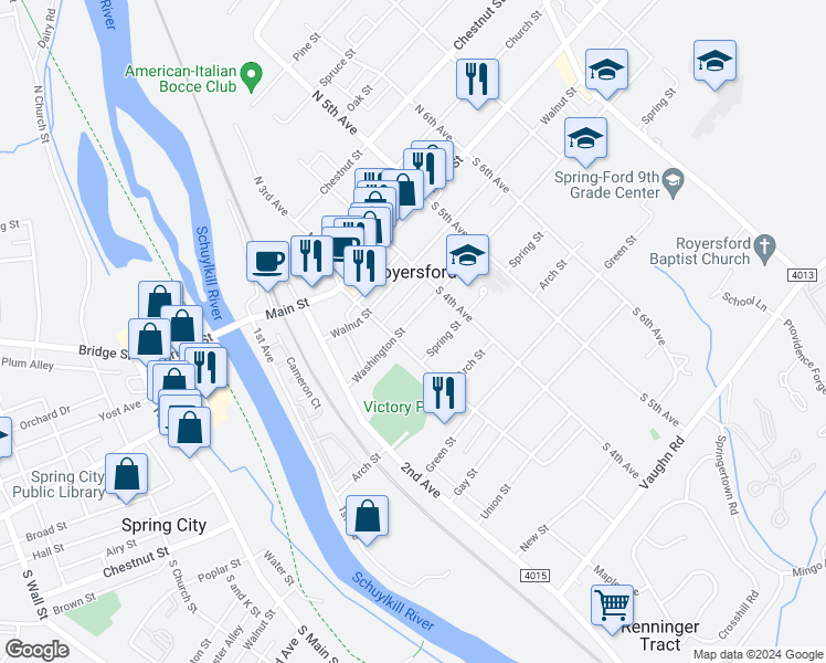 map of restaurants, bars, coffee shops, grocery stores, and more near 209 South 3rd Avenue in Royersford