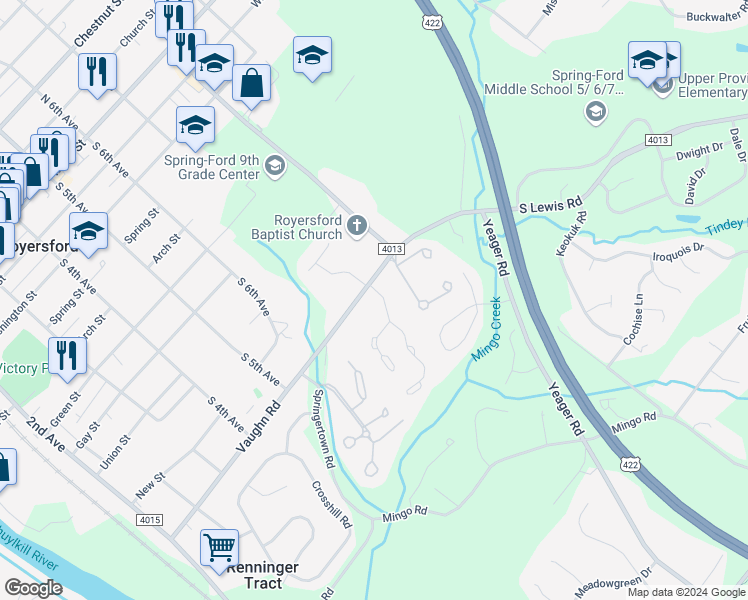 map of restaurants, bars, coffee shops, grocery stores, and more near 16 Providence Forge Road in Royersford