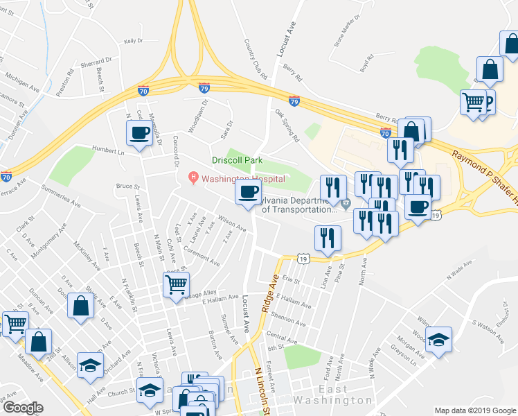 map of restaurants, bars, coffee shops, grocery stores, and more near 498 Locust Avenue in Washington