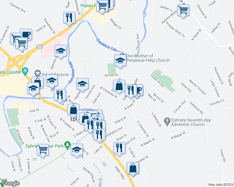 map of restaurants, bars, coffee shops, grocery stores, and more near 207 Peach Alley in Ephrata