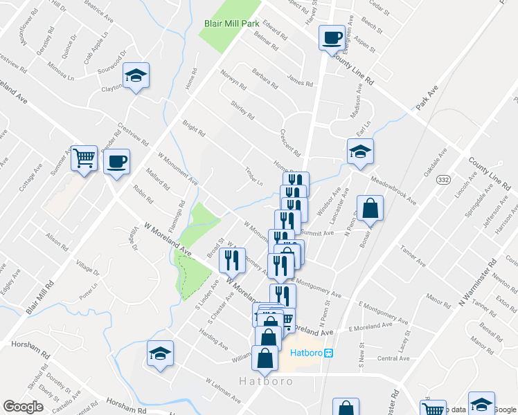 map of restaurants, bars, coffee shops, grocery stores, and more near 10 Village Place in Hatboro