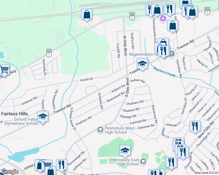 map of restaurants, bars, coffee shops, grocery stores, and more near 712 Auburn Road in Fairless Hills