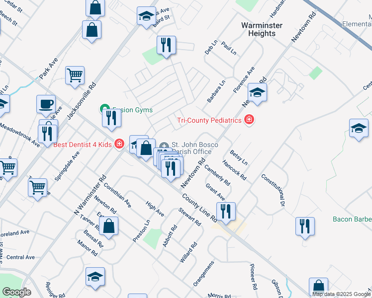 map of restaurants, bars, coffee shops, grocery stores, and more near 86 Woodlawn Road in Warminster