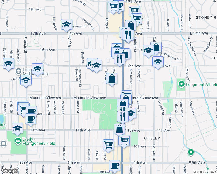 map of restaurants, bars, coffee shops, grocery stores, and more near 900 Mountain View Avenue in Longmont