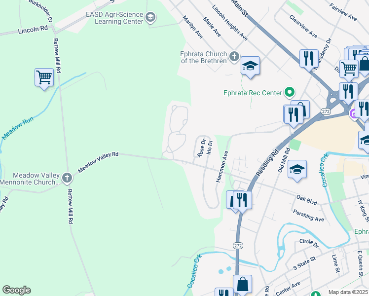 map of restaurants, bars, coffee shops, grocery stores, and more near 32 Stonecreek Court in Ephrata