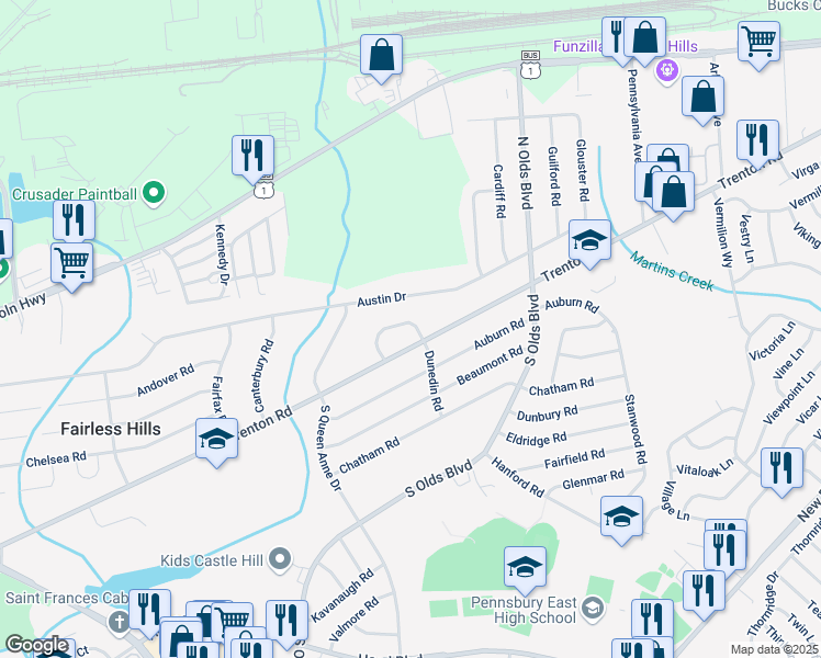 map of restaurants, bars, coffee shops, grocery stores, and more near 152 Lebbie Lane in Fairless Hills