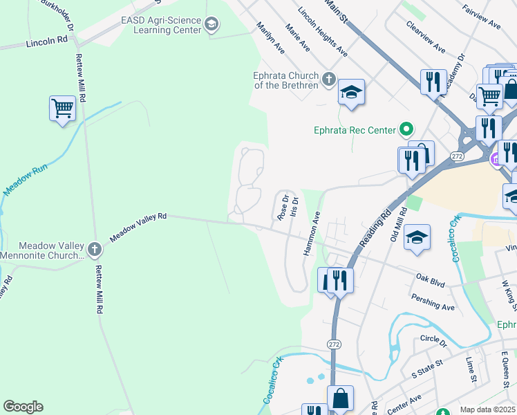 map of restaurants, bars, coffee shops, grocery stores, and more near 22 Stonecreek Court in Ephrata