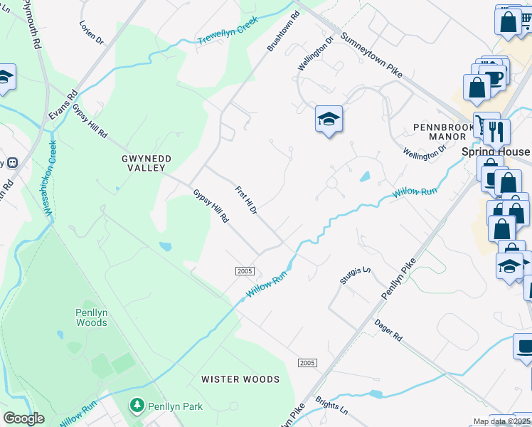 map of restaurants, bars, coffee shops, grocery stores, and more near 1217 Forrest Hill Drive in Spring House
