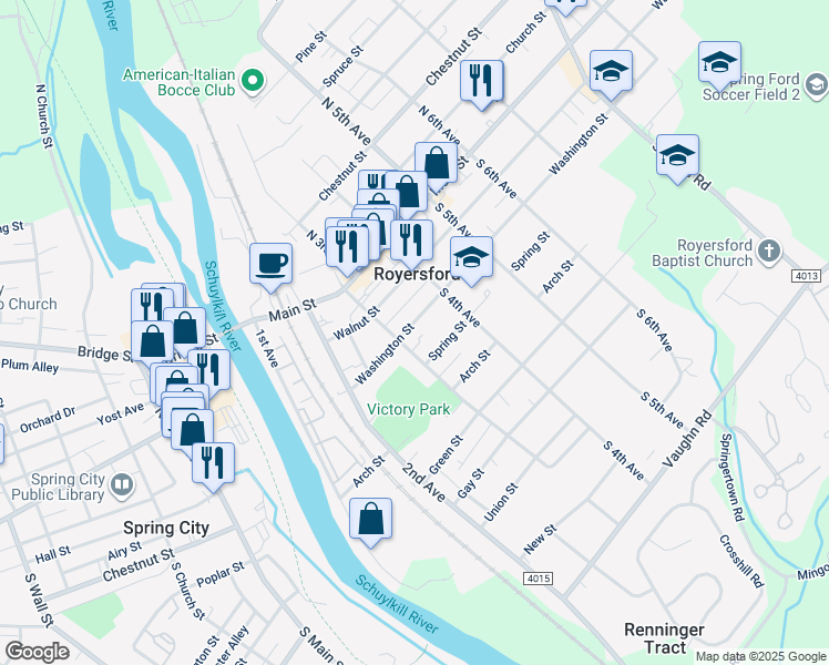 map of restaurants, bars, coffee shops, grocery stores, and more near 209 South 3rd Avenue in Royersford