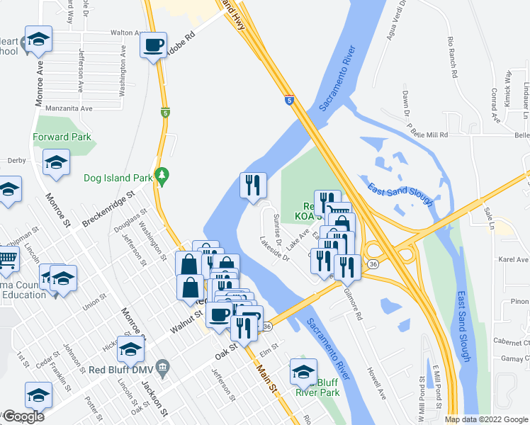 map of restaurants, bars, coffee shops, grocery stores, and more near 1070 Lakeside Drive in Red Bluff