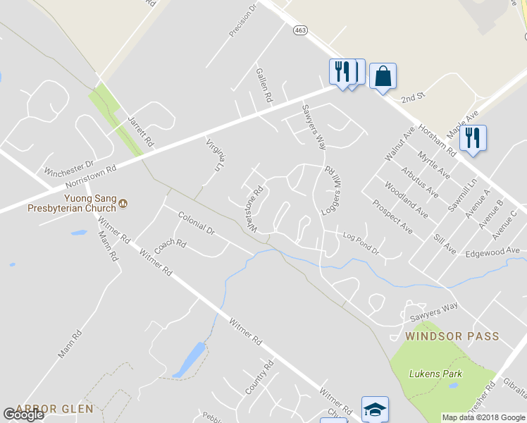 map of restaurants, bars, coffee shops, grocery stores, and more near 50 Bark Hollow Lane in Horsham