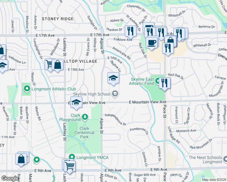 map of restaurants, bars, coffee shops, grocery stores, and more near 600 East Mountain View Avenue in Longmont