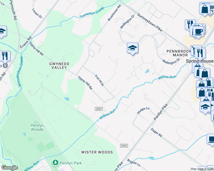 map of restaurants, bars, coffee shops, grocery stores, and more near 1217 Forrest Hill Drive in Spring House