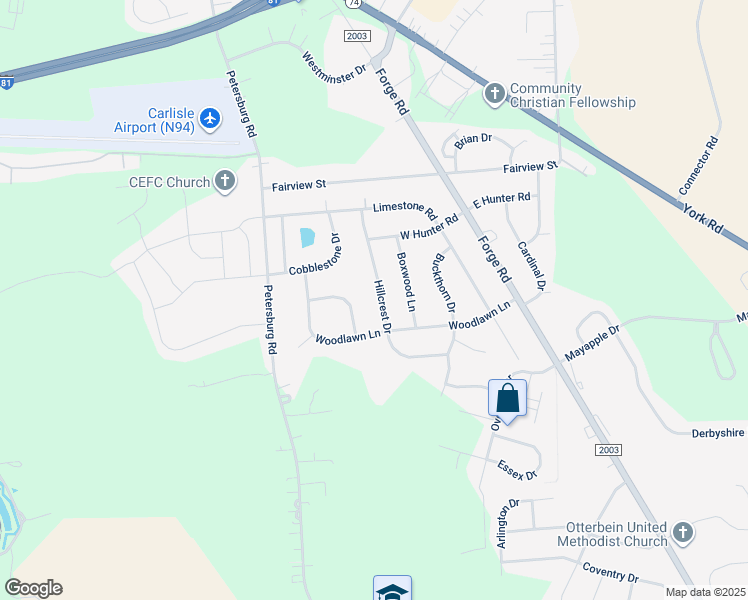 map of restaurants, bars, coffee shops, grocery stores, and more near 556 Hillcrest Drive in Carlisle
