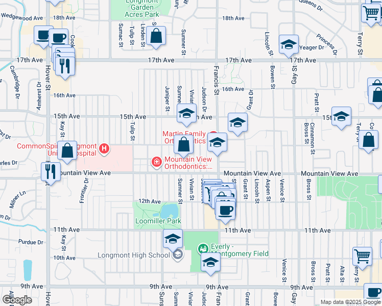 map of restaurants, bars, coffee shops, grocery stores, and more near 1321 Judson Street in Longmont