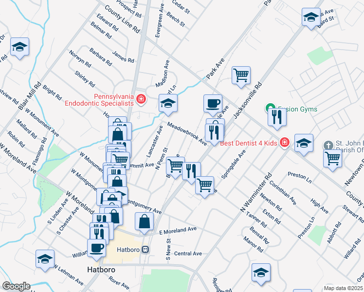 map of restaurants, bars, coffee shops, grocery stores, and more near 237 Jacksonville Road in Hatboro