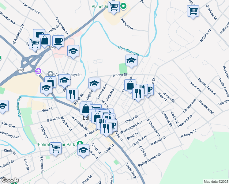 map of restaurants, bars, coffee shops, grocery stores, and more near 155 Park Avenue in Ephrata