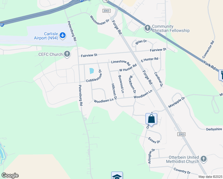 map of restaurants, bars, coffee shops, grocery stores, and more near 556 Hillcrest Drive in Carlisle