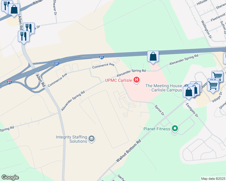 map of restaurants, bars, coffee shops, grocery stores, and more near 25 Sprint Drive in Carlisle