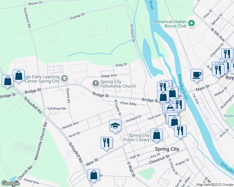 map of restaurants, bars, coffee shops, grocery stores, and more near 402 Bridge Street in Spring City