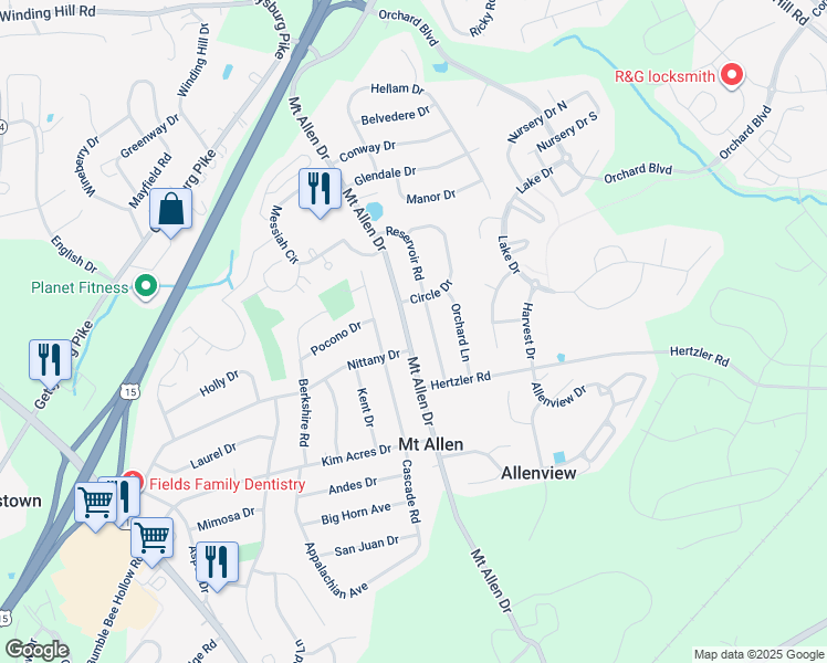 map of restaurants, bars, coffee shops, grocery stores, and more near 323 Mount Allen Drive in Mechanicsburg