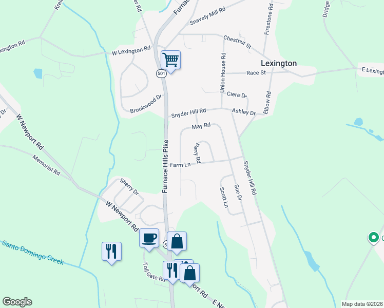 map of restaurants, bars, coffee shops, grocery stores, and more near 10 Farm Lane in Lititz