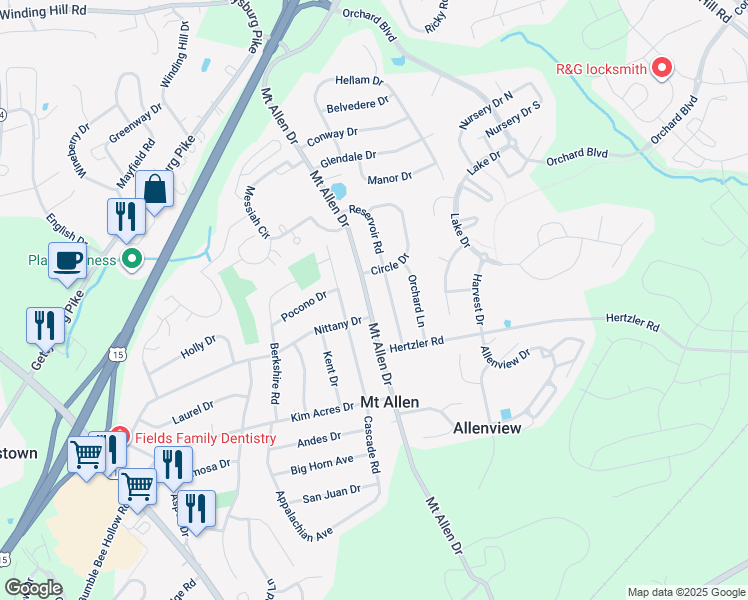 map of restaurants, bars, coffee shops, grocery stores, and more near 323 Mount Allen Drive in Mechanicsburg