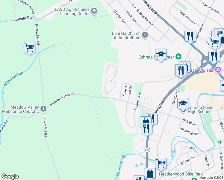 map of restaurants, bars, coffee shops, grocery stores, and more near 18 Stonecreek Court in Ephrata