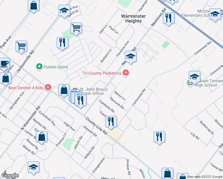 map of restaurants, bars, coffee shops, grocery stores, and more near 362 Betsy Lane in Warminster