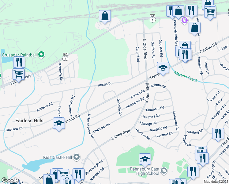map of restaurants, bars, coffee shops, grocery stores, and more near 152 Lebbie Lane in Fairless Hills