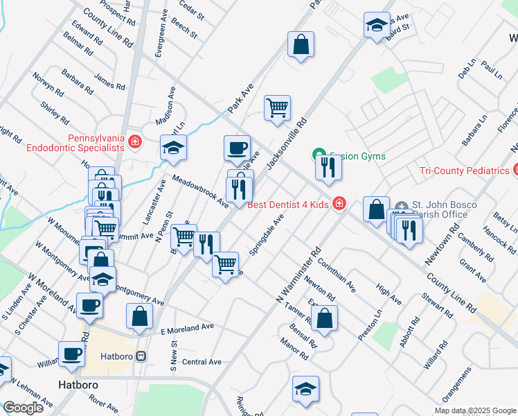 map of restaurants, bars, coffee shops, grocery stores, and more near 406 Lincoln Avenue in Hatboro