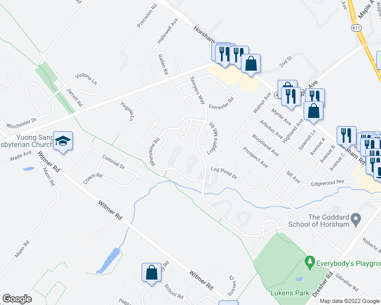 map of restaurants, bars, coffee shops, grocery stores, and more near 70 Ash Stoker Lane in Horsham